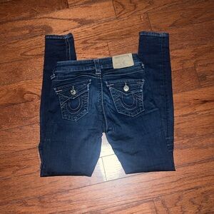 True Religion Halle Mid Rise Skinny Blue Jeans with Red Stitching W Flap